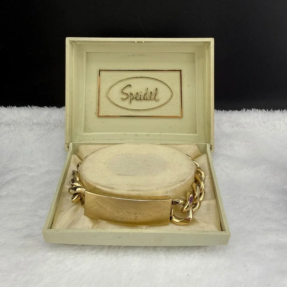 Vintage Speidel ID Bracelet Gold Tone Chunky Curb Rodney Engraved 1978 8